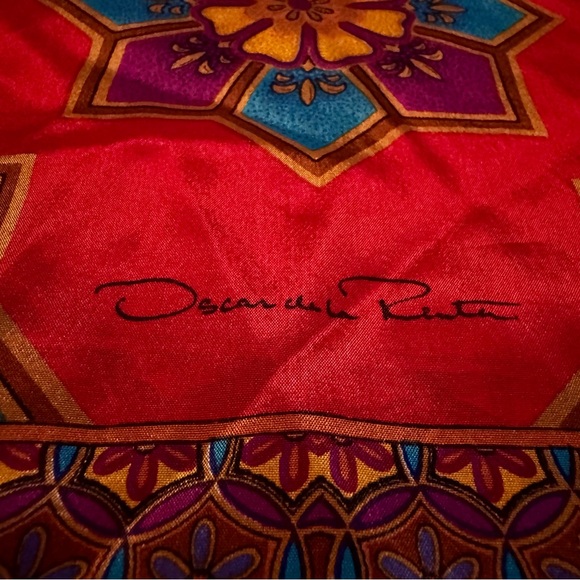 Vintage Oscar de la Renta Silk Red and Purple Floral Scarf - Picture 3 of 8
